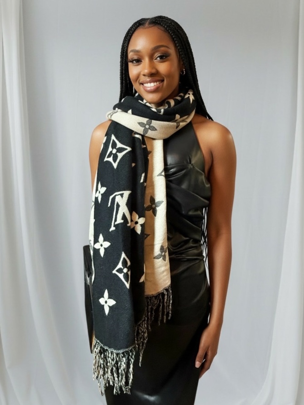 Luxury 2 sided Black & Cream Monogram long wrap Scarf 72 inches  silk cashmere